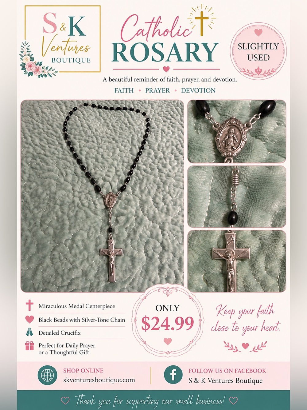 Black Bead Catholic Rosary Necklace with Silver-Tone Crucifix